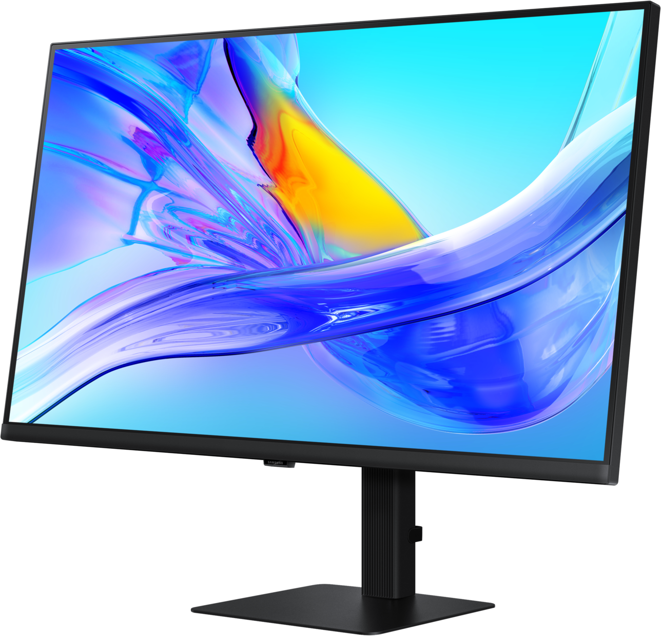 Un écran d'ordinateur noir affiche une image abstraite colorée. Le moniteur est sur un support noir sur fond noir.