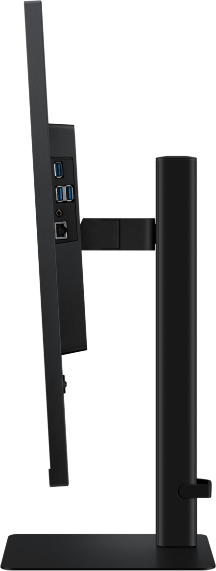 Vue latérale d'un moniteur d'ordinateur noir. Il est soutenu par un support. Le moniteur possède plusieurs ports.