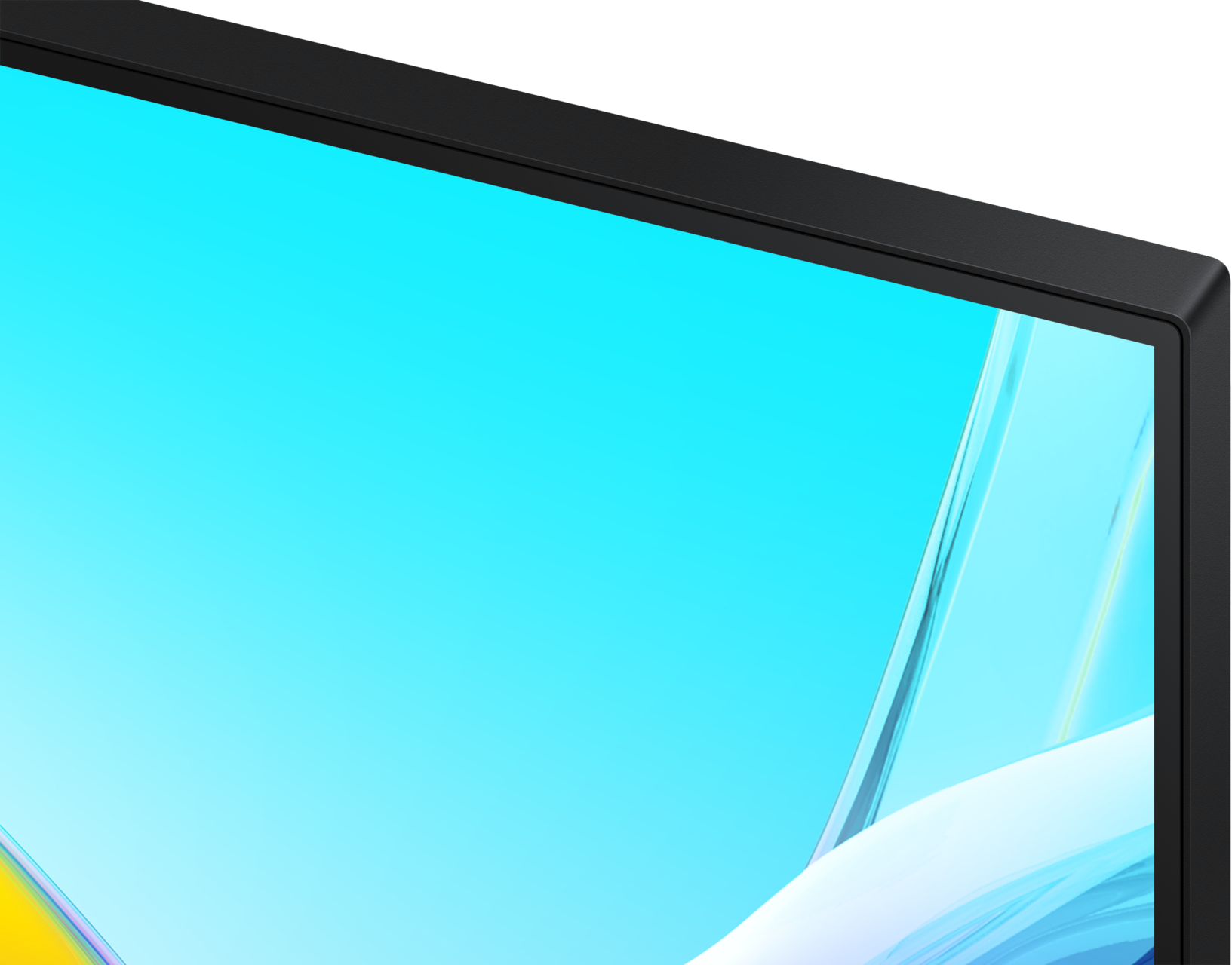 Le cadre noir du moniteur entoure un écran avec un dégradé bleu et blanc. Le coin est visible.