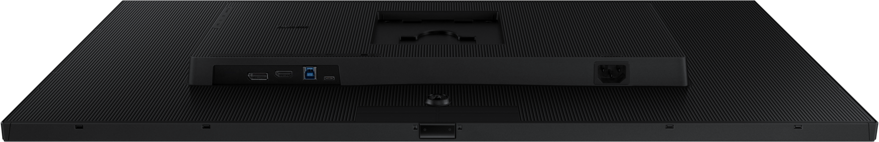 Vue arrière d'un moniteur noir, montrant les ports, un connecteur d'alimentation et une surface texturée.