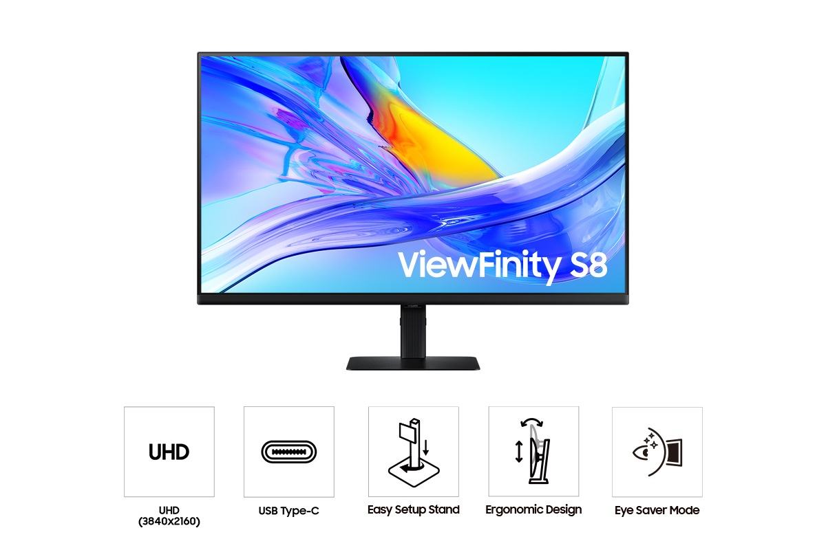 Un moniteur avec 'ViewFinity S8' à l'écran. Caractéristiques : UHD, USB-C, installation facile, design ergonomique, mode économie d'yeux.