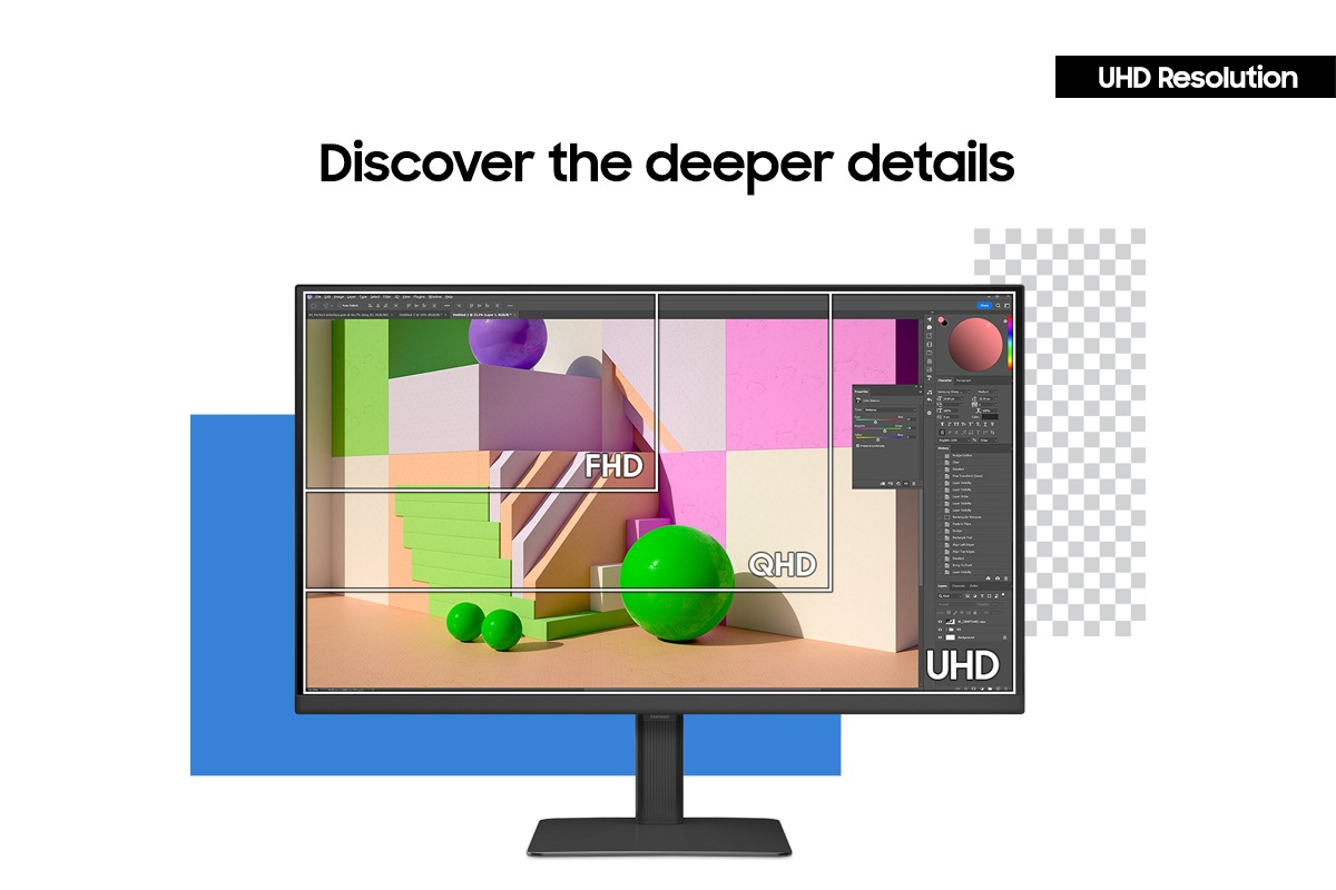 Un moniteur affiche une image avec des blocs étiquetés FHD, QHD et UHD. Des sphères vertes et une sphère violette sont à l'écran.
