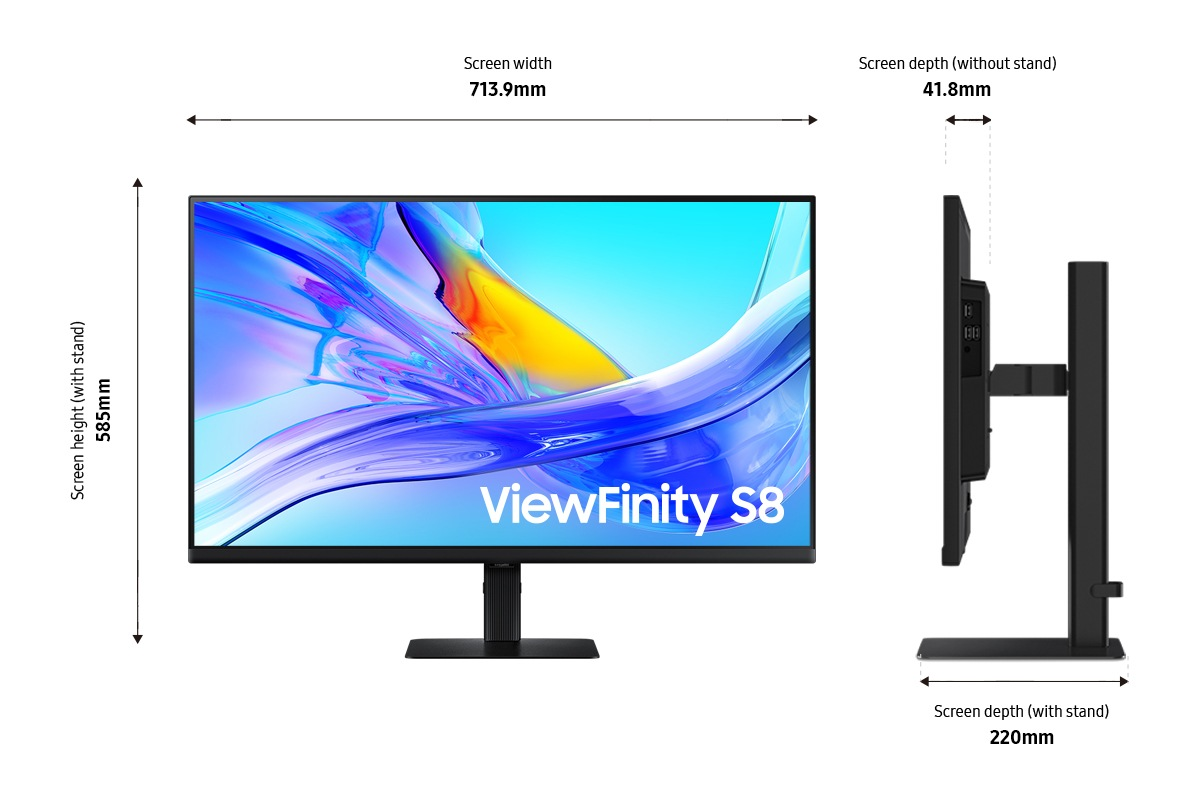 Un moniteur étiqueté ViewFinity S8 est montré en vues de face et latérales. Les dimensions sont affichées, y compris la largeur, la hauteur et la profondeur de l'écran.