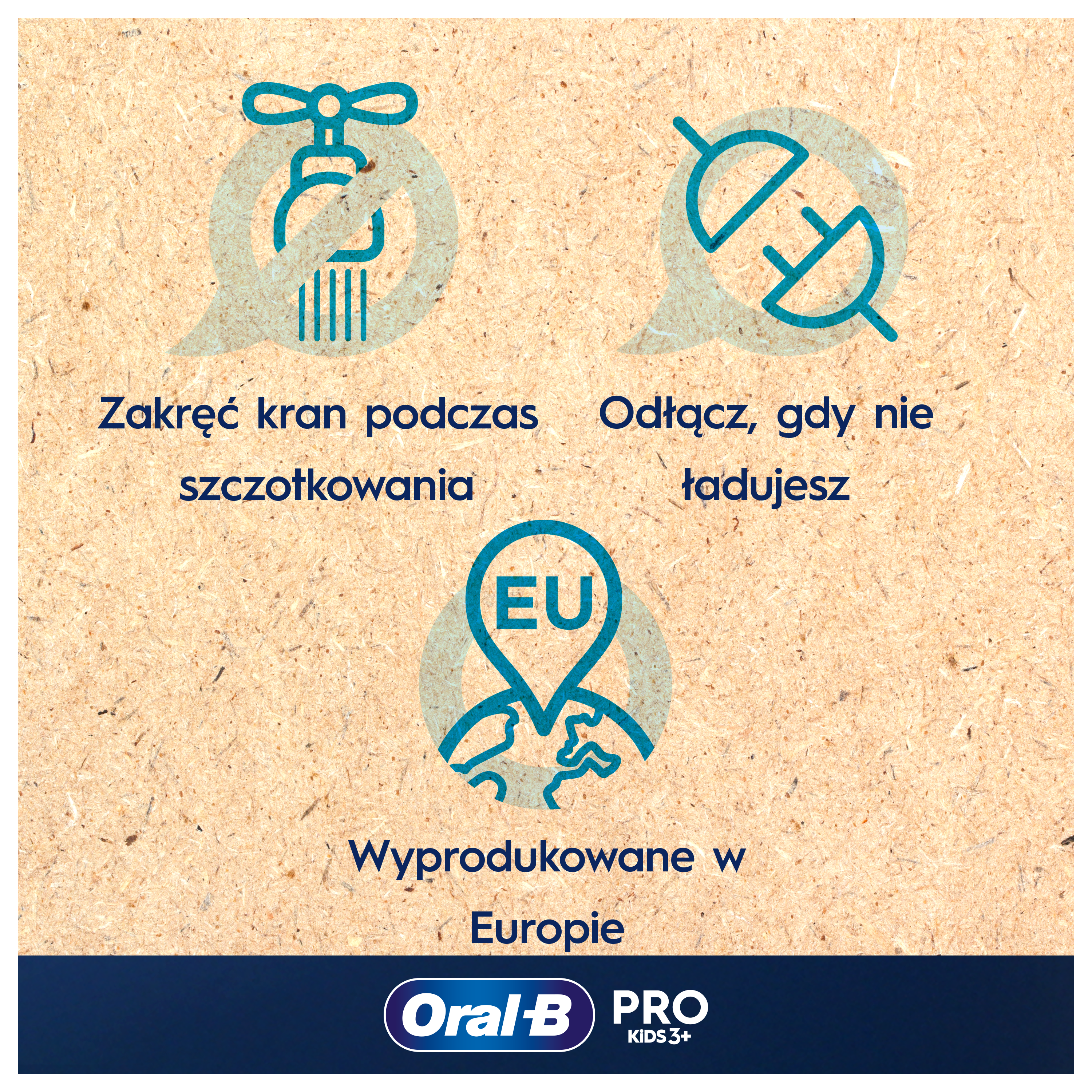 Obraz z polskim tekstem o oszczędzaniu wody i energii. Promuje produkty Oral-B PRO KIDS 3+, wyprodukowane w Europie.