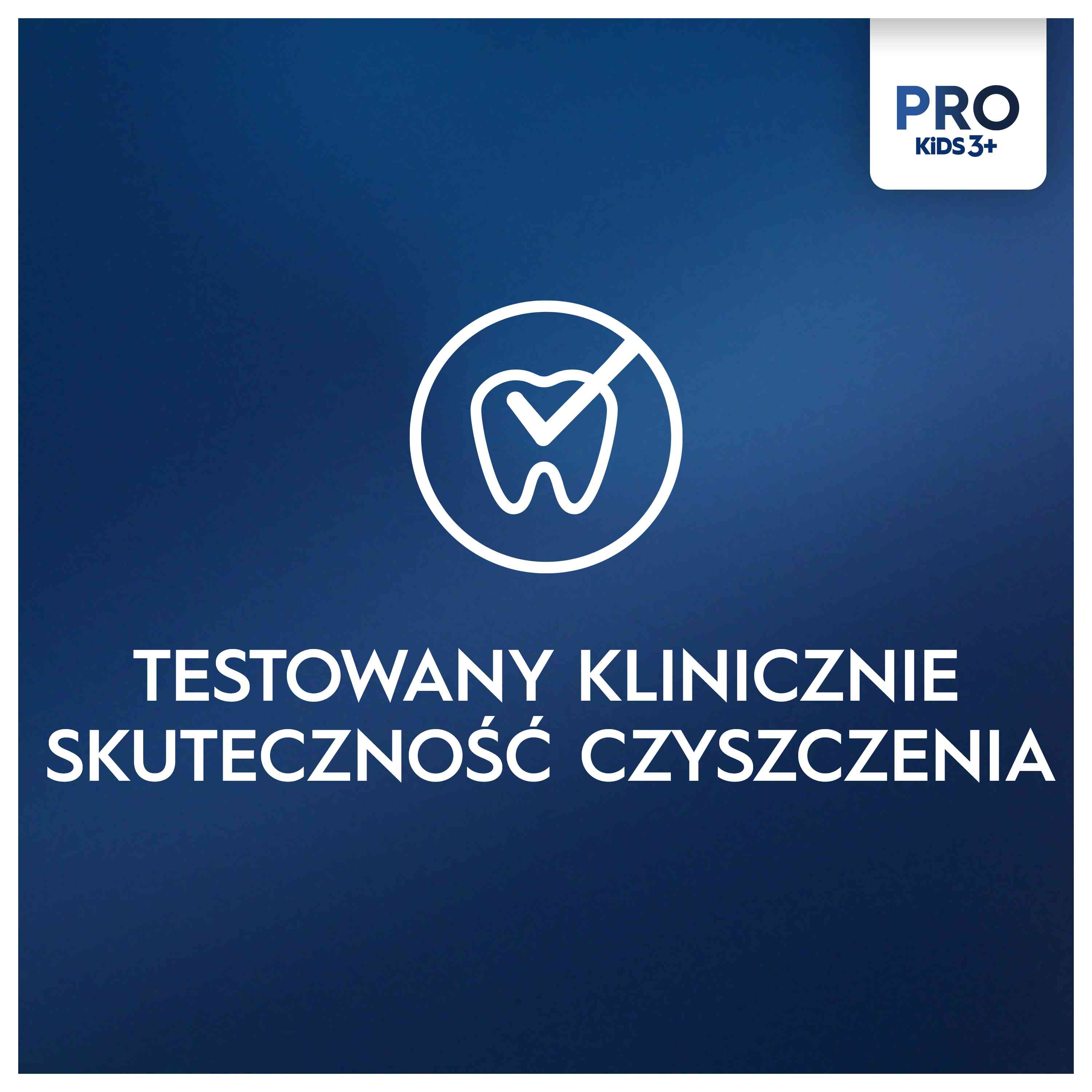 Obraz z niebieskim tłem, tekstem i logo. Logo to ząb ze znakiem wyboru w okręgu.