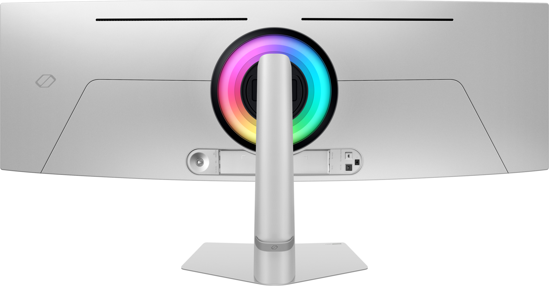 Arrière d'un écran d'ordinateur argenté. Il possède une lumière RVB circulaire, un support et plusieurs ports. L'écran est sur fond noir.