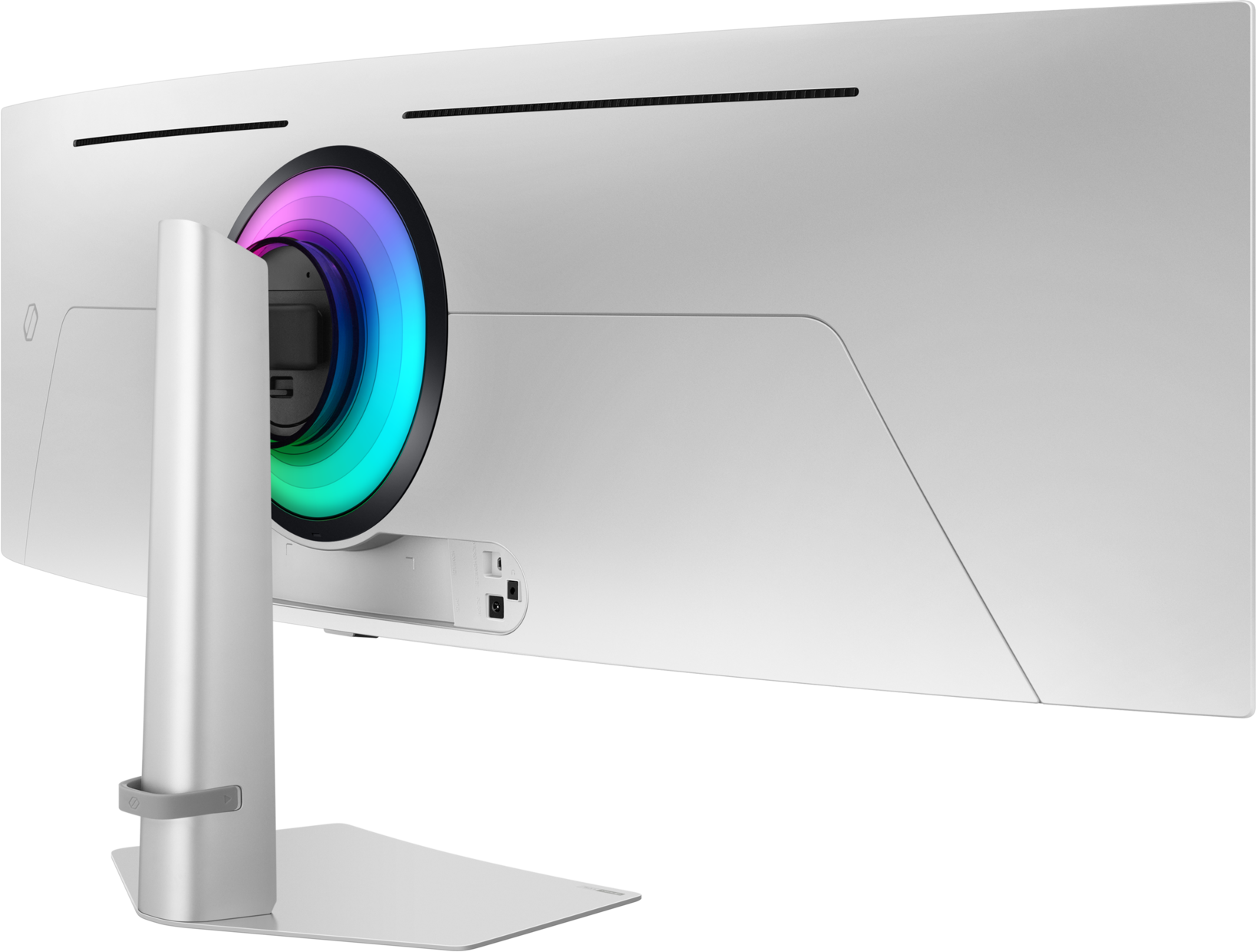 Vue arrière d'un moniteur incurvé blanc avec une lumière circulaire multicolore. Un support argenté soutient le moniteur.