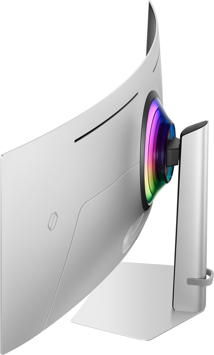 Un écran d'ordinateur blanc incurvé. Il possède un pied et un anneau lumineux aux couleurs arc-en-ciel.