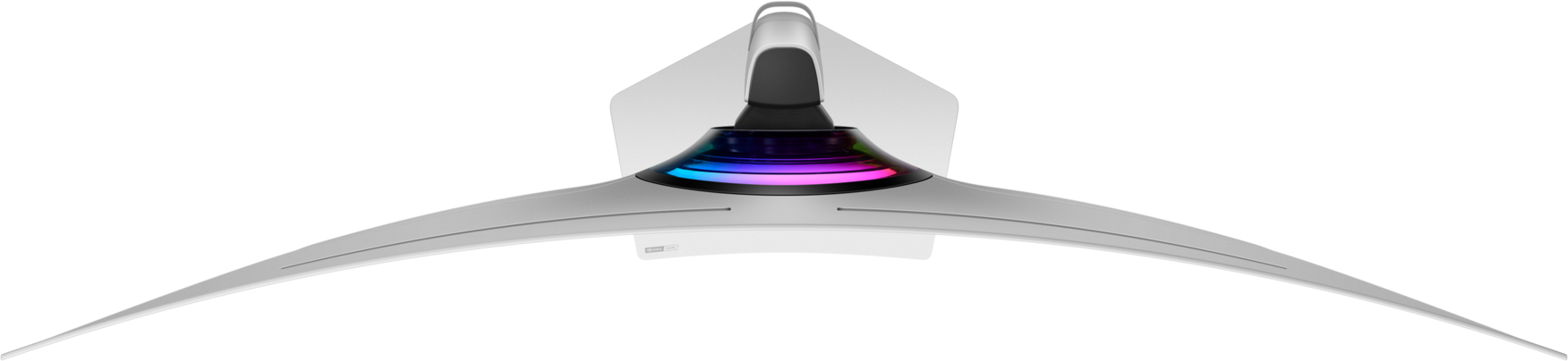 Vue de dessus d'un moniteur incurvé. Il est blanc avec un support noir. Le support a une lumière colorée.