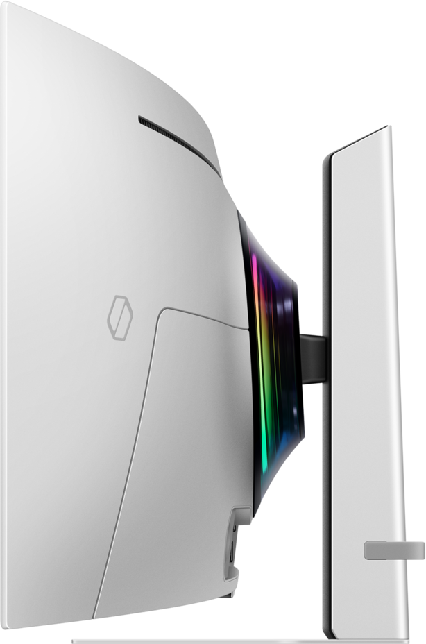 Un écran d'ordinateur blanc avec un écran incurvé. L'arrière est blanc avec un logo. L'écran affiche des couleurs arc-en-ciel.