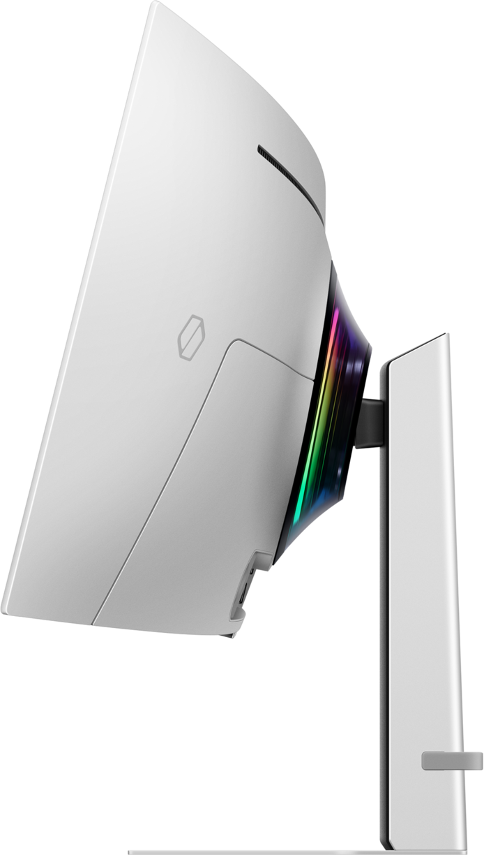 Moniteur d'ordinateur blanc, vue latérale. Comporte un écran incurvé avec des lumières colorées et un support.