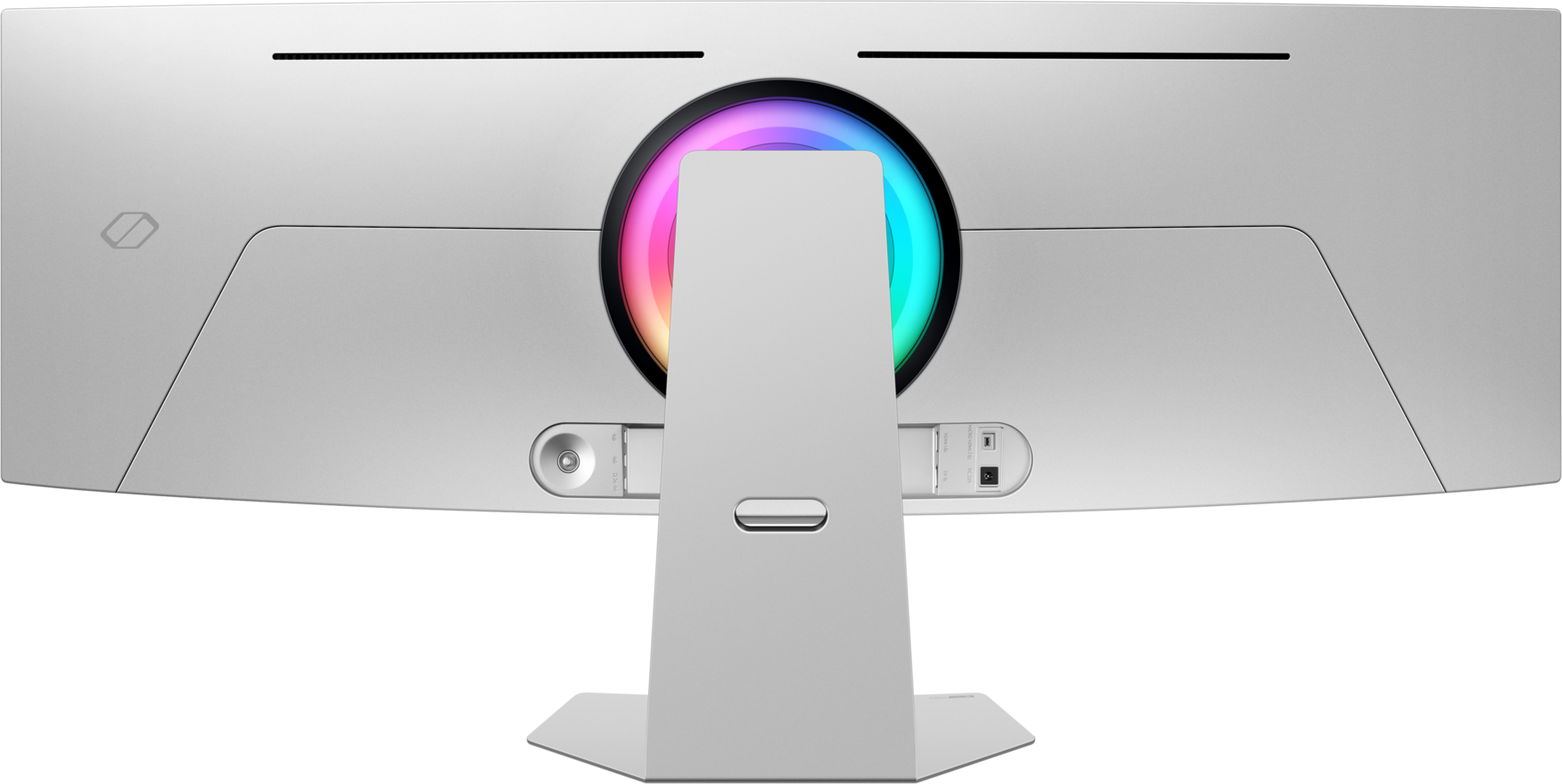 Vue arrière d'un moniteur argenté avec un anneau lumineux coloré autour d'une zone circulaire noire et un support argenté.