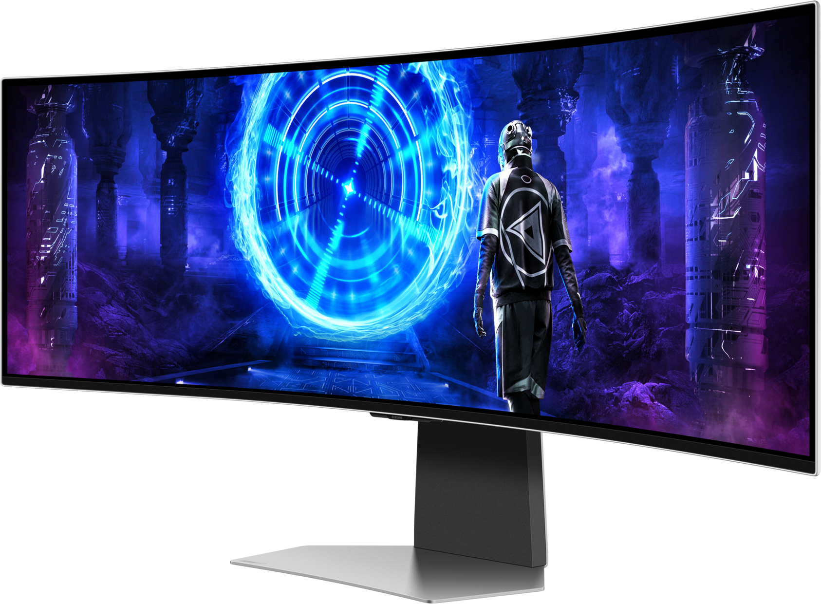 Une personne en équipement futuriste se tient devant un portail lumineux. La scène est affichée sur un moniteur incurvé.