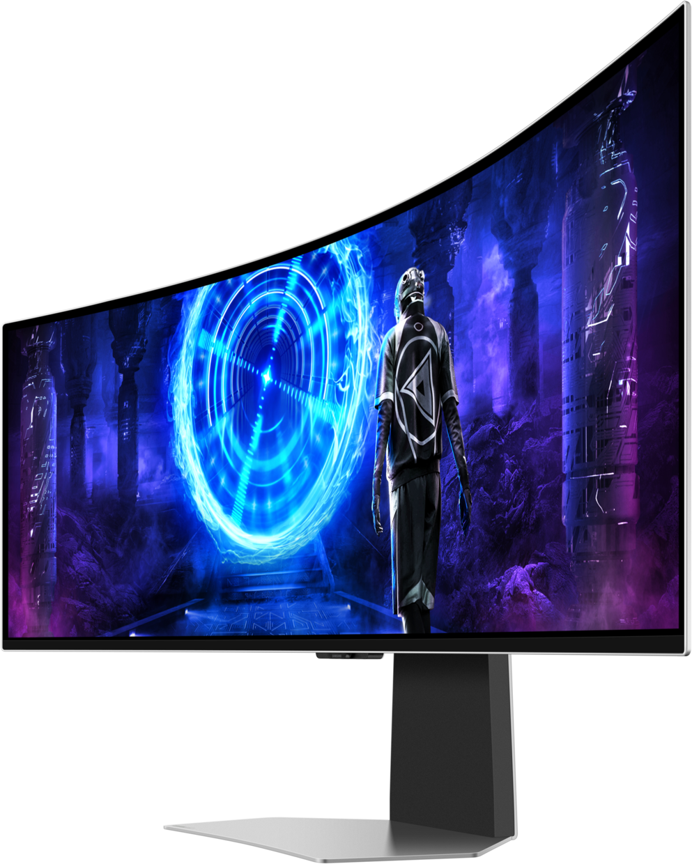 L'écran incurvé affiche une scène futuriste. Une silhouette en costume se tient devant un portail. L'arrière-plan présente des structures et un portail bleu brillant.