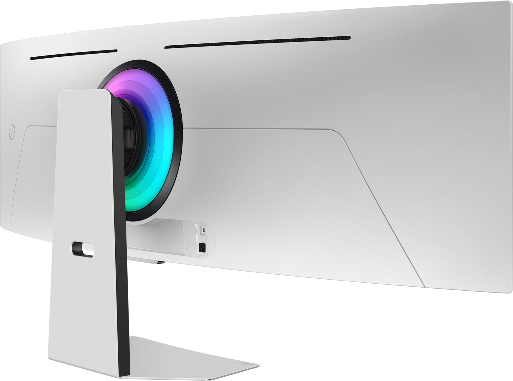 Arrière d'écran incurvé blanc avec anneau lumineux coloré, support et ports.