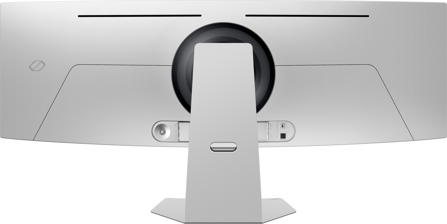 Arrière d'un moniteur argenté avec une zone circulaire noire et un support. Ports et un logo sont visibles.