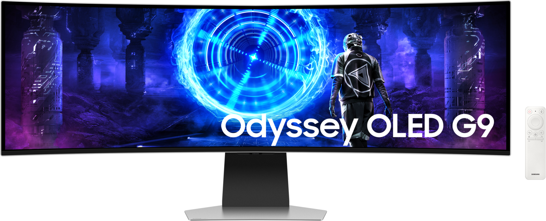 Un moniteur incurvé affiche une scène futuriste avec une personne, les mots 'Odyssey OLED G9' et une télécommande.