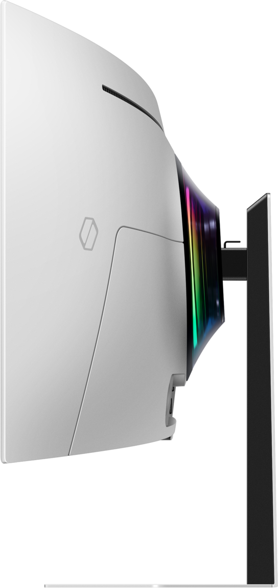 Un moniteur de jeu blanc avec des effets de lumière arc-en-ciel sur le bord. L'écran est noir et le support est noir.