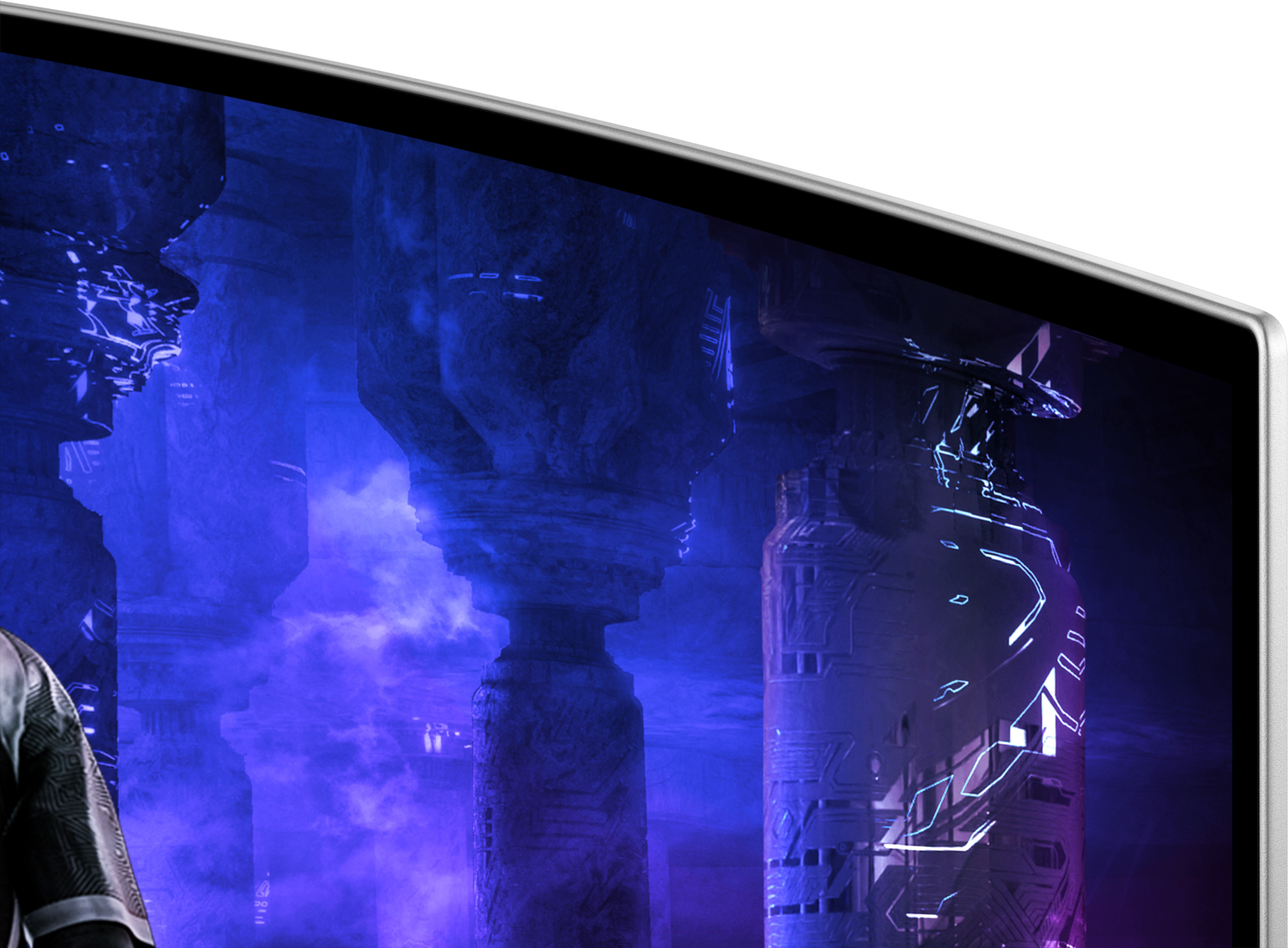 Une scène abstraite et futuriste avec de hautes structures lumineuses dans une atmosphère violette et bleue, vue sur un moniteur incurvé.