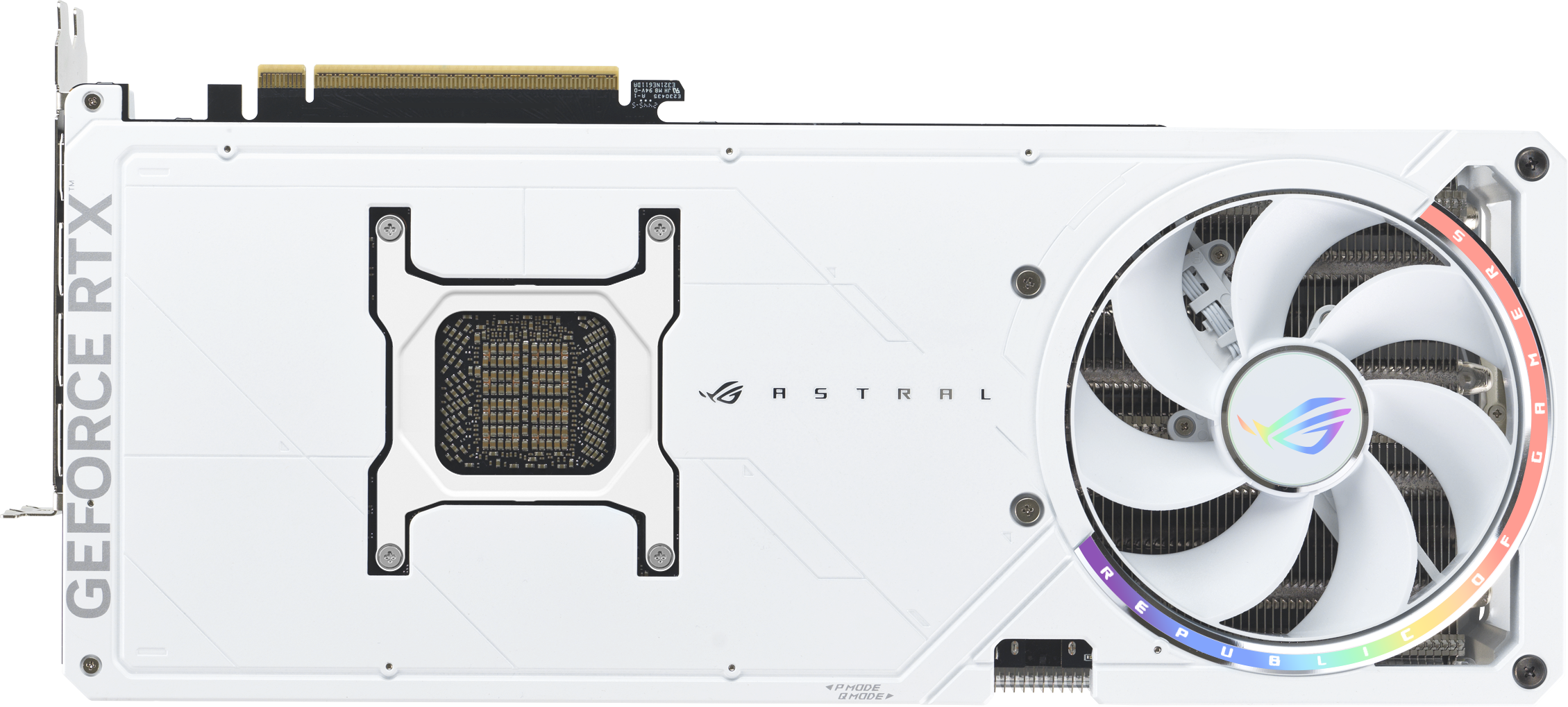 Une carte graphique blanche avec un grand ventilateur, le logo ROG et le texte "GEFORCE RTX". La carte a une plaque arrière blanche.
