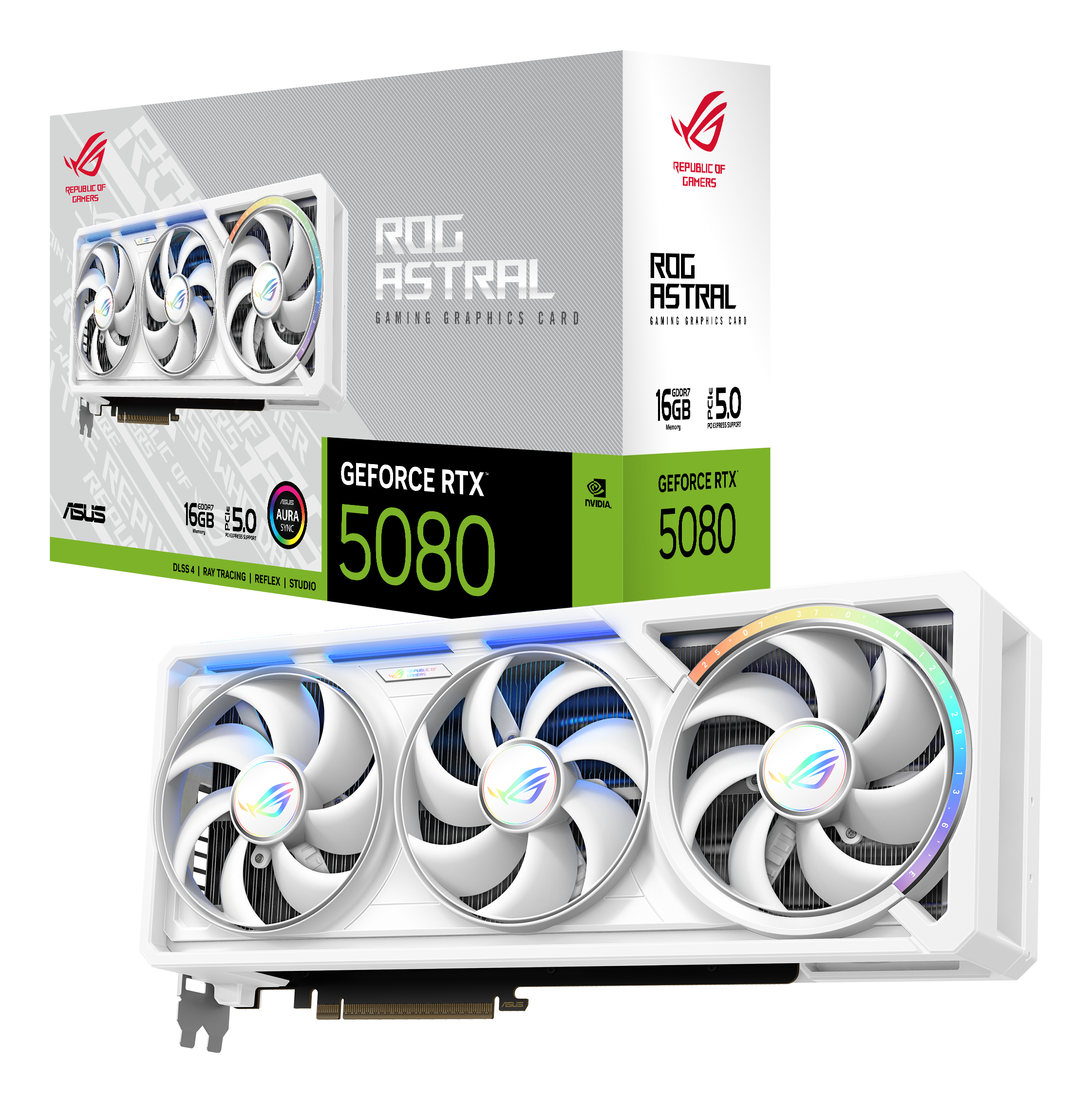 Una scheda grafica gaming ROG Astral bianca con tre ventole, una scatola GeForce RTX 5080 e il logo ASUS.