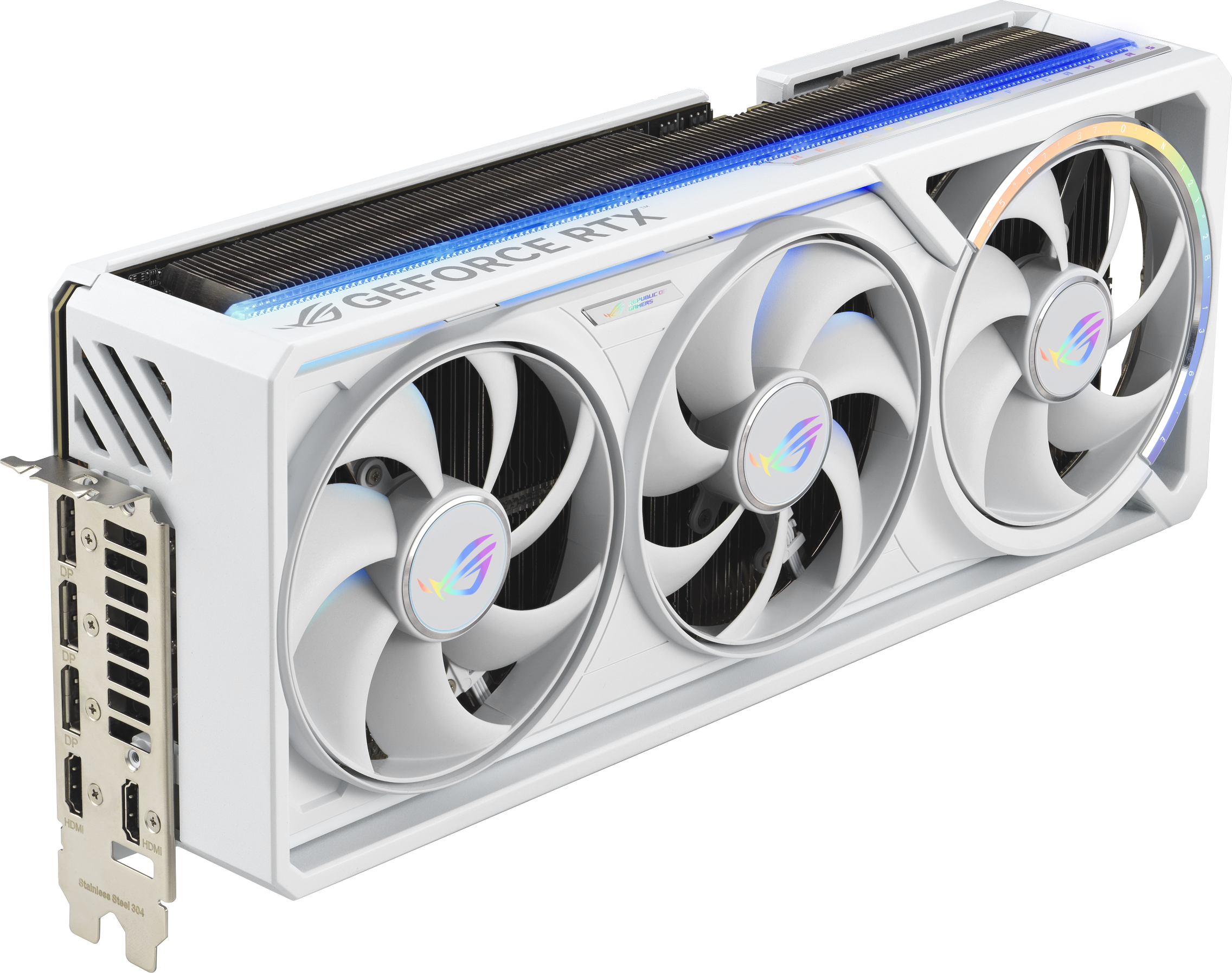Scheda grafica bianca con tre ventole. Caratteristiche: RTX, ROG e più porte. Illuminata con luci blu e arcobaleno.