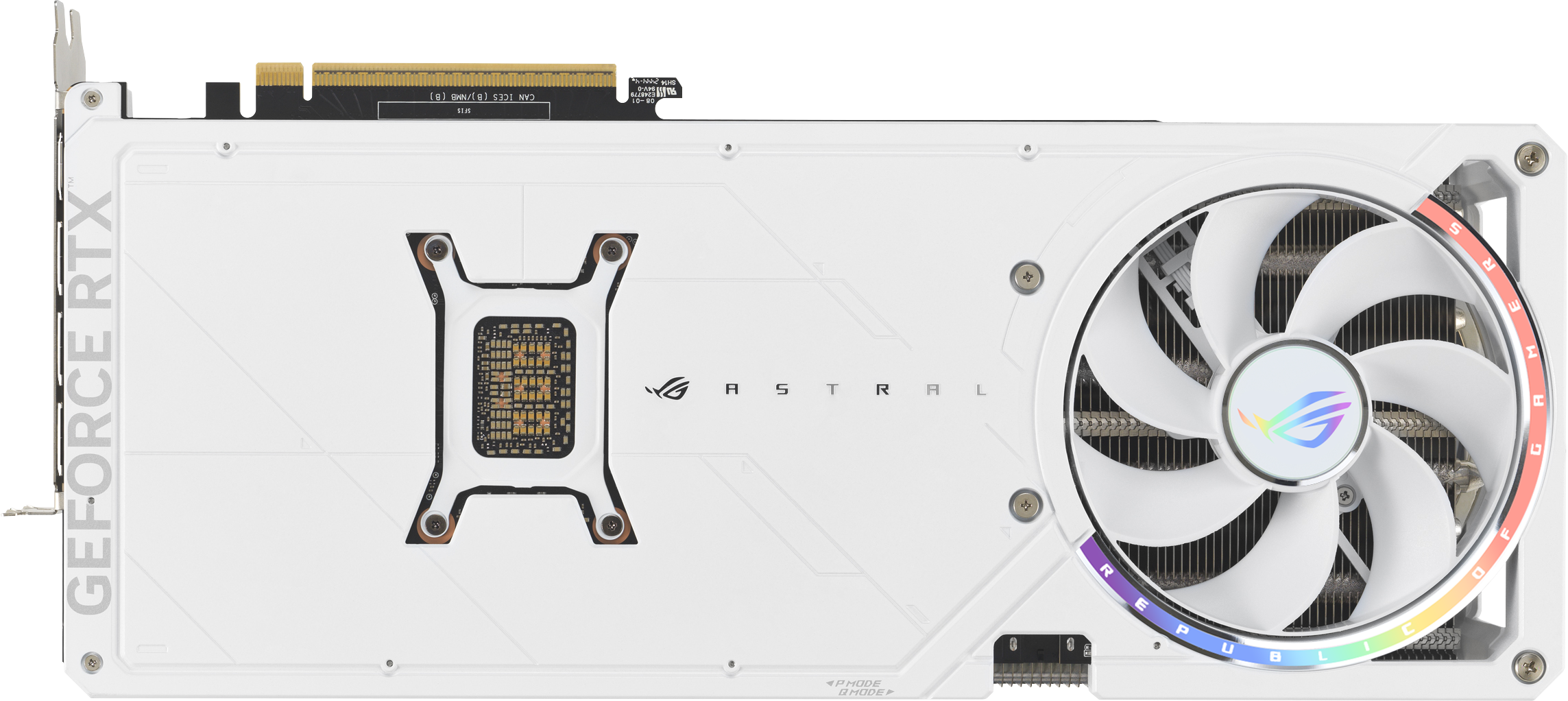 Una scheda grafica GeForce RTX bianca. Presenta una grande ventola, il logo ROG e la parola ASTRAL. Ha una parte superiore nera.
