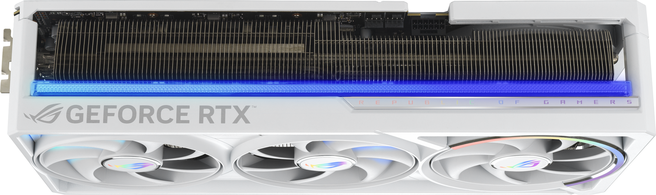 Scheda grafica GeForce RTX bianca con tre ventole, una striscia LED blu e marchio ROG.