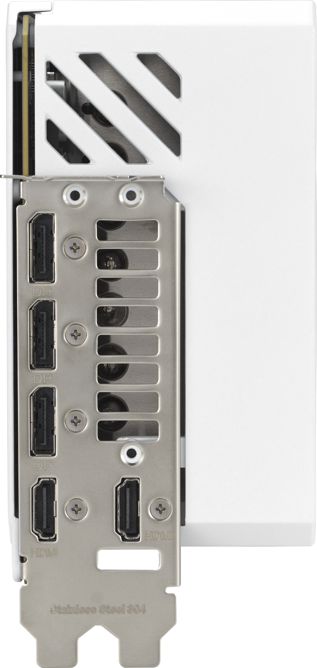 Un componente per computer bianco e argento. Ha porte etichettate DP e HDMI. Inciso Acciaio inossidabile 304.