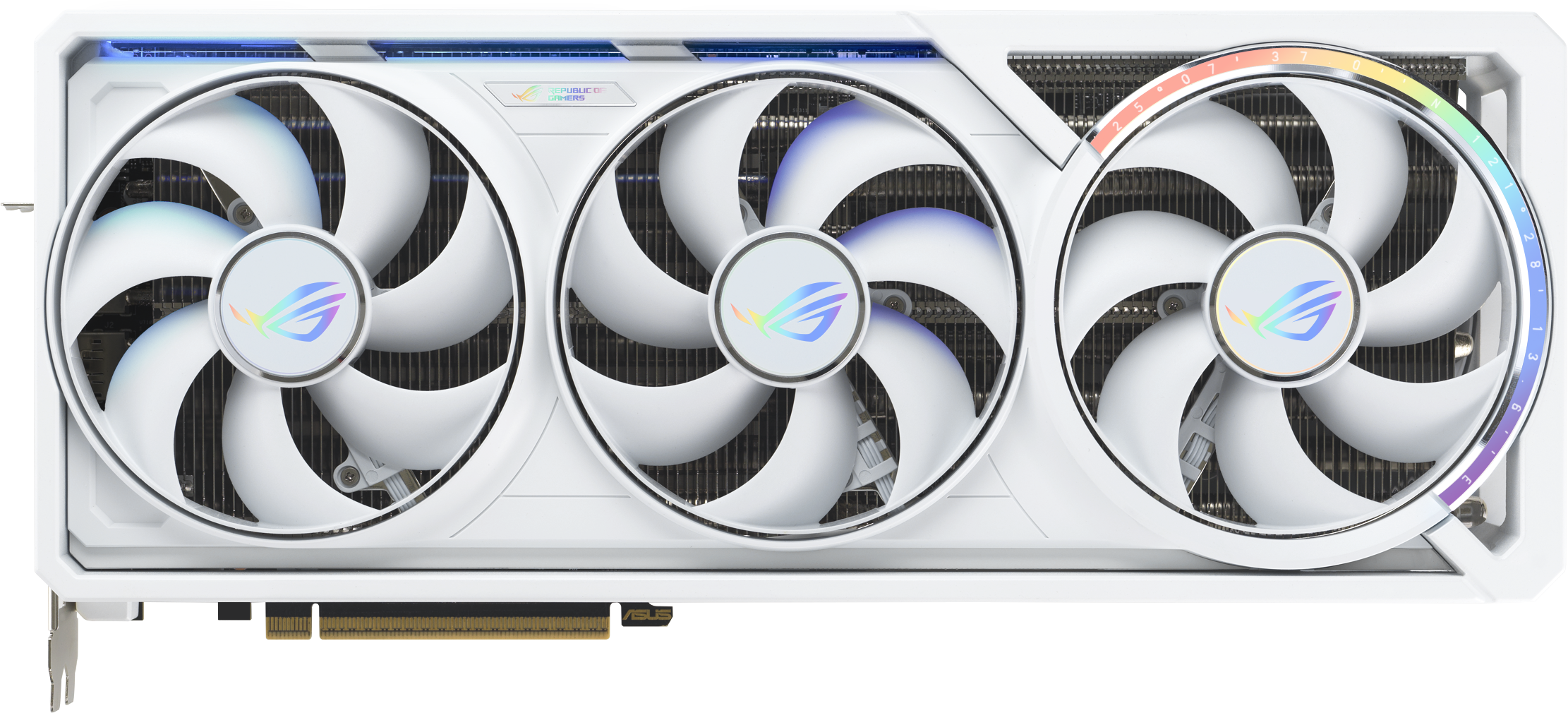 Une carte graphique ROG Strix blanche avec trois ventilateurs, un logo arc-en-ciel et un cadre blanc.