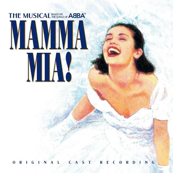 A "Mamma Mia!" album borítója. Egy nő nevet, fehér ruhát visel. A cím kék betűkkel. A háttér fehér.