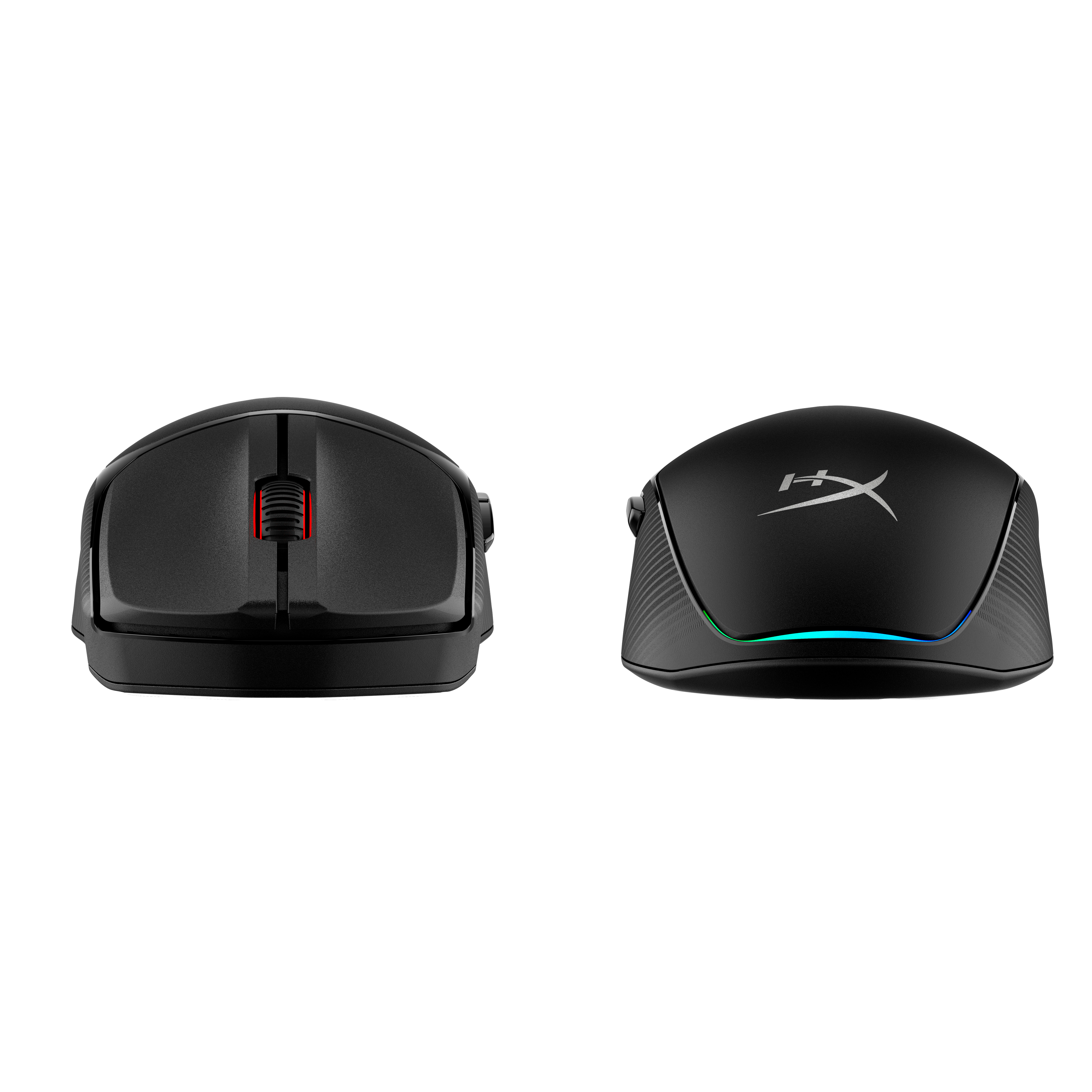 Two black computer mice side by side. One shows the scroll wheel and the other has the logo.