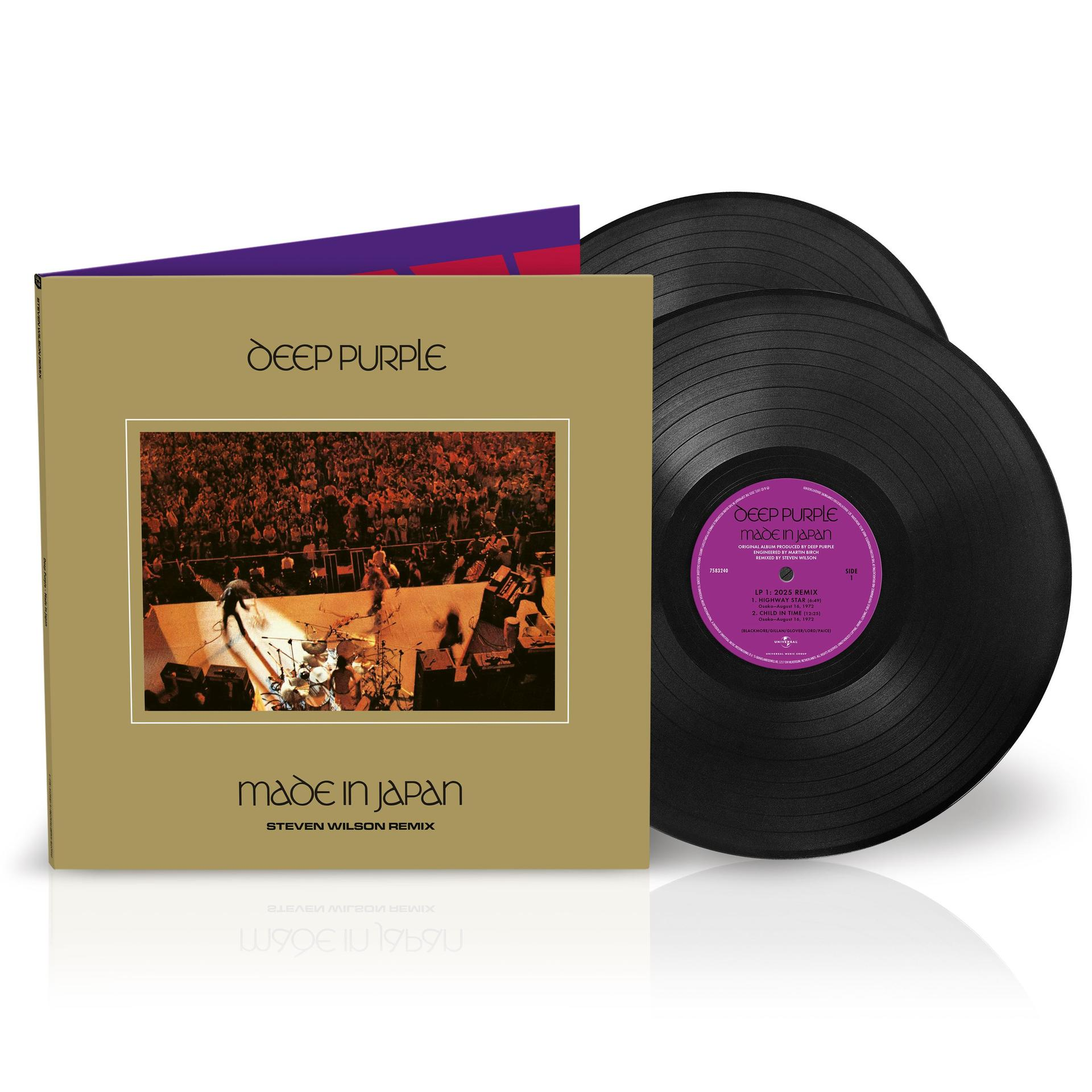 Albumcover von Deep Purple's 'Made in Japan'. Zeigt Albumcover, zwei Schallplatten und einen lila Einsatz.