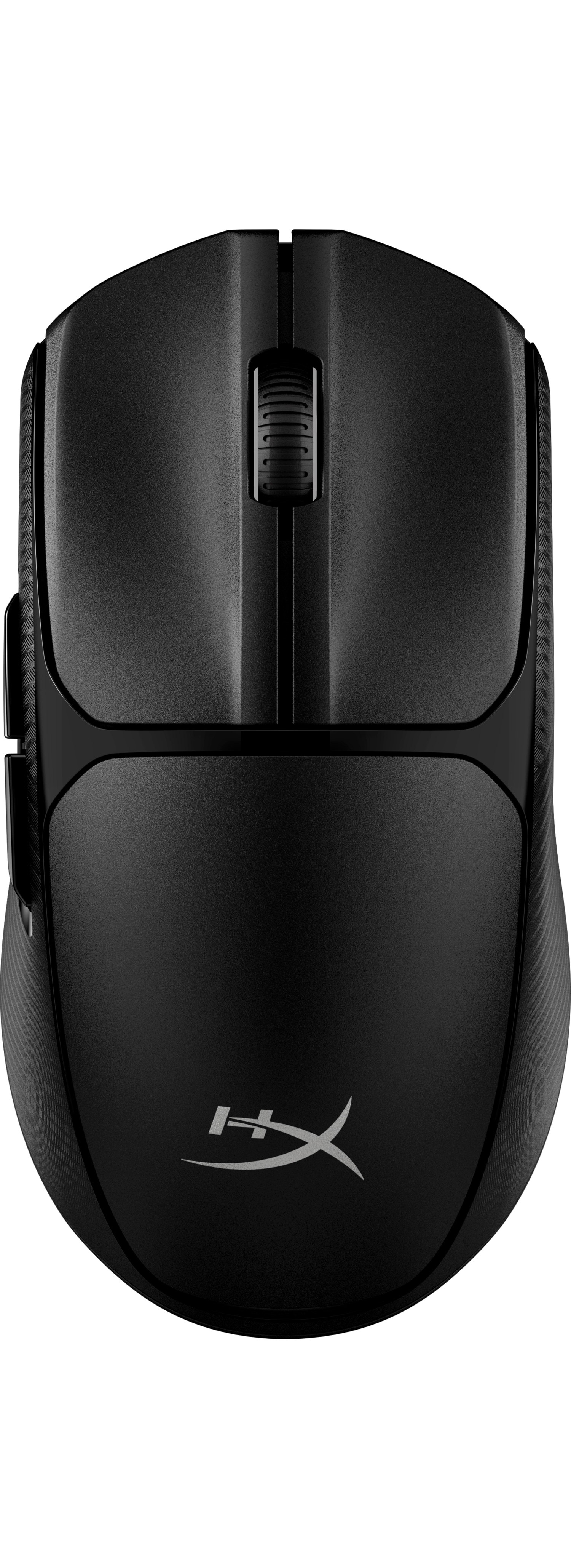 A black computer mouse with a scroll wheel, buttons, and a logo. It is on a white background.