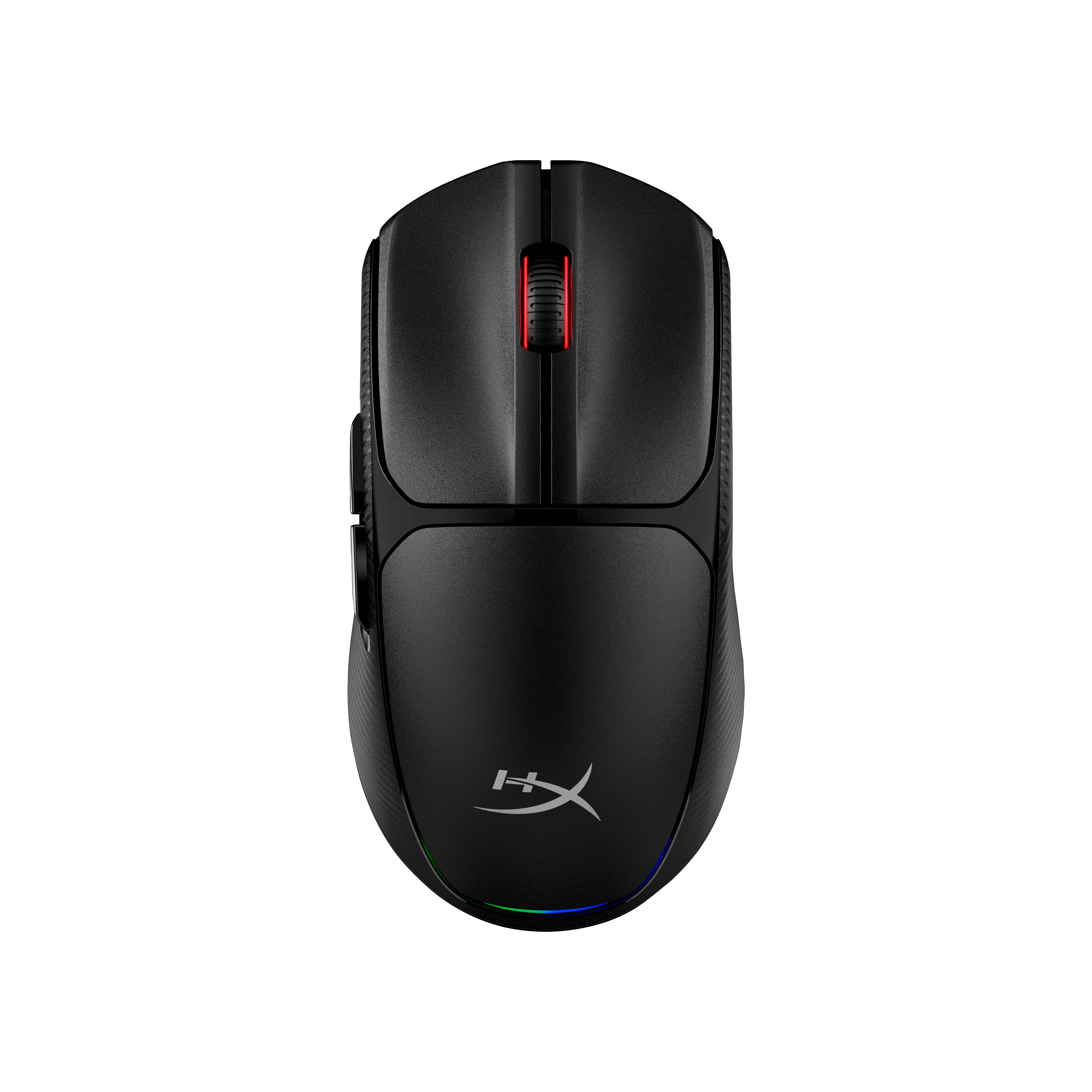 A black gaming mouse on a white background. It has a scroll wheel with a red accent and an HX logo.