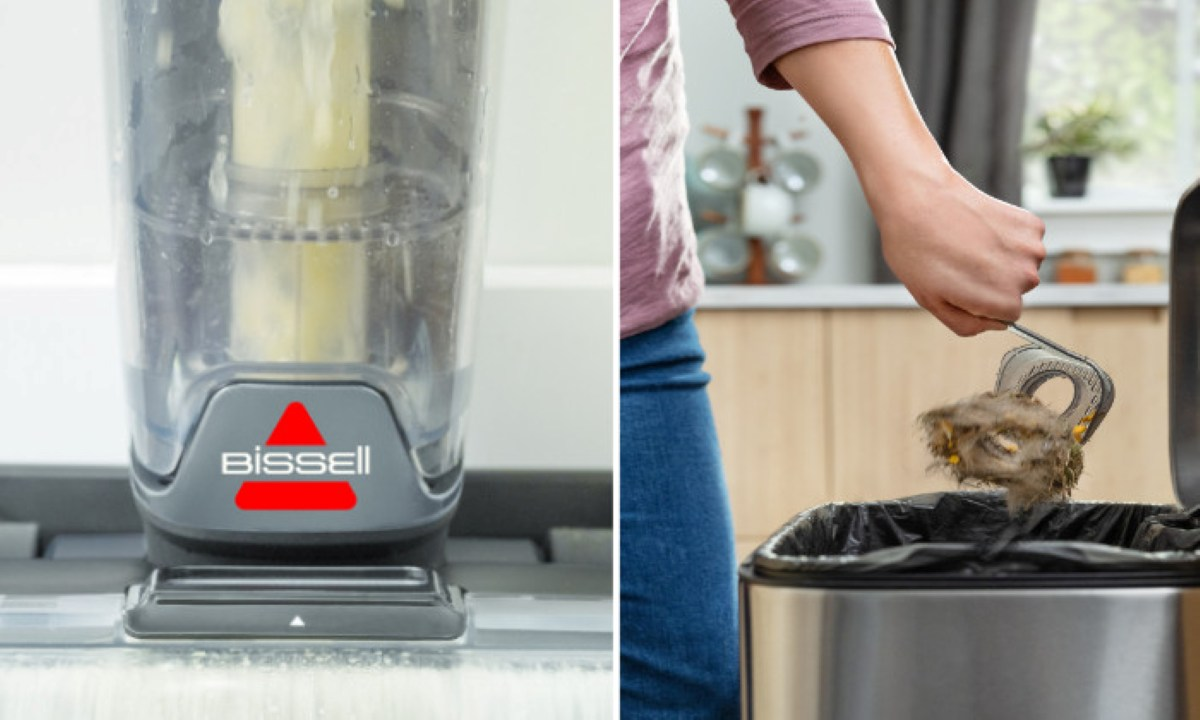 Osoba opróżniająca zanieczyszczenia z narzędzia czyszczącego do kosza na śmieci. Odkurzacz Bissell w tle.
