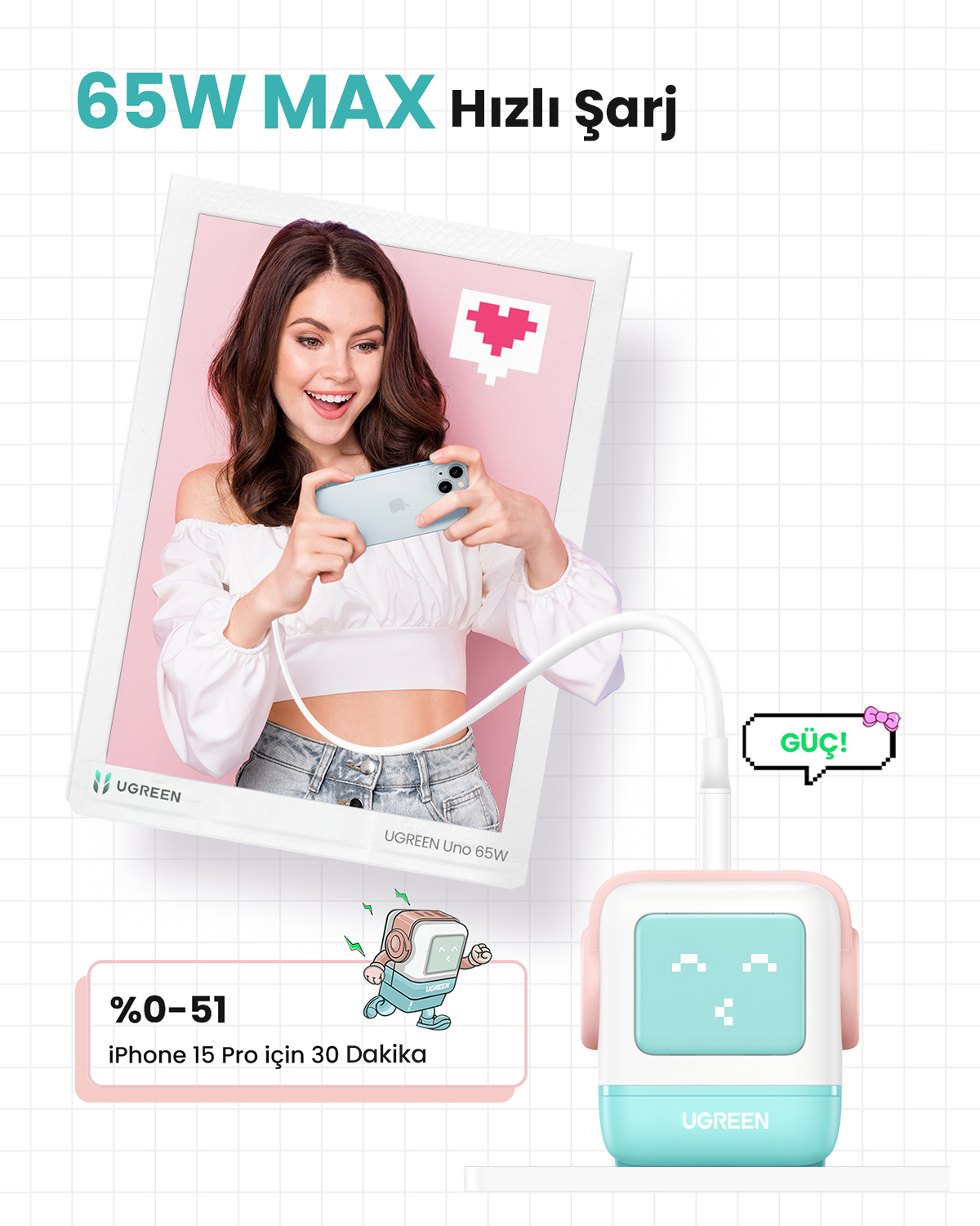 Telefon tutan kadın, UGREEN şarj cihazı, metinle: 65W Max, iPhone 15 Pro için 30 dakikada %0-51. Pembe ve mavi şarj cihazı.