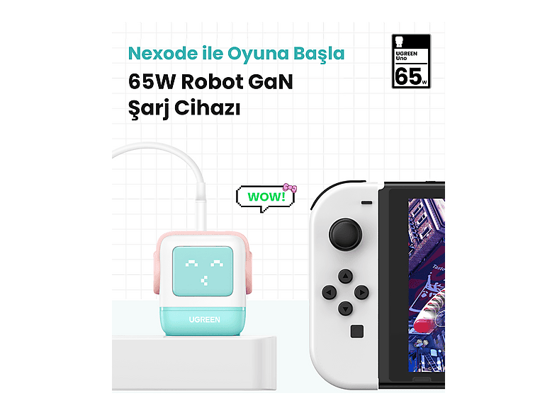 UGREEN Nexode Uno 65W Robot GaN Hızlı Şarj Cihazı 2xUSB-C, 1xUSB-A