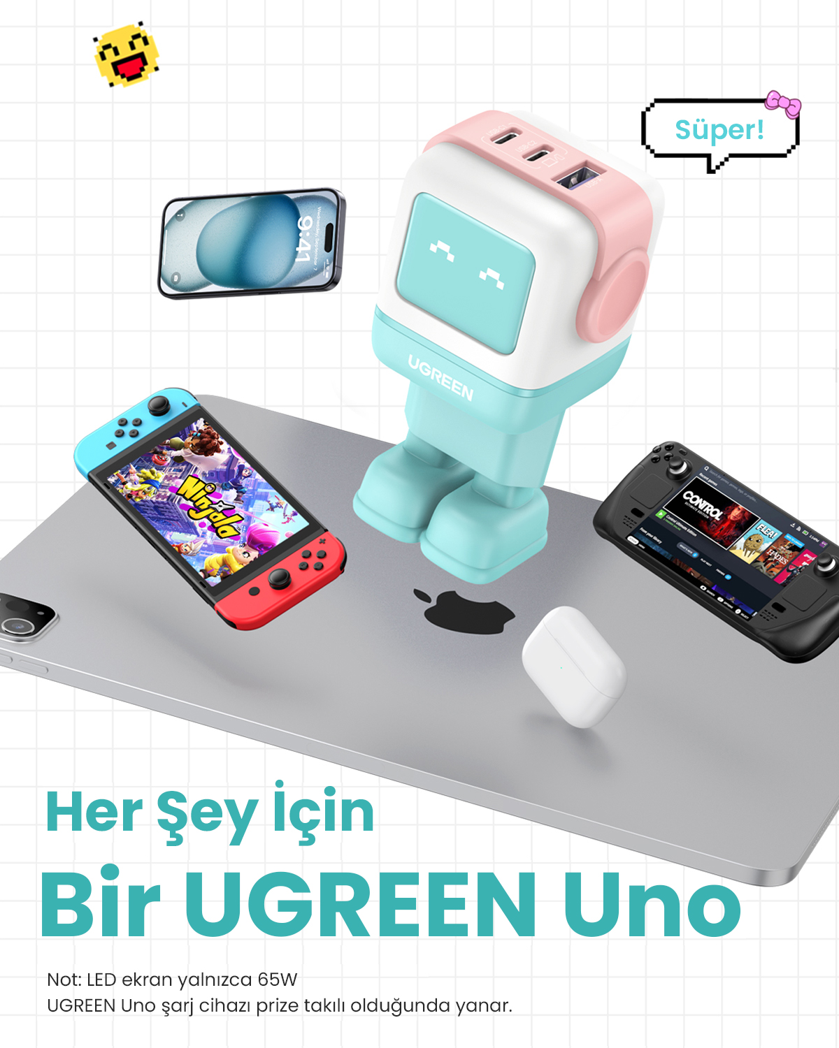 Telefon, Switch ve Steam Deck'li bir UGREEN Uno şarj cihazı. Bir çizgi film robotu, "Her Şey için Bir UGREEN Uno" metni.