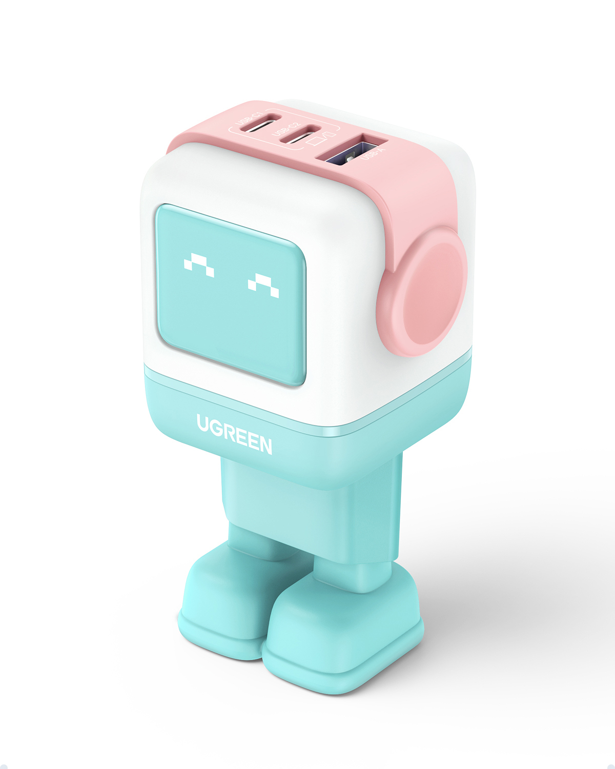 Beyaz, pembe ve turkuaz tasarımlı robot şeklinde bir şarj cihazı. USB bağlantı noktalarına ve pikselli bir yüze sahip. UGREEN markası görünüyor.