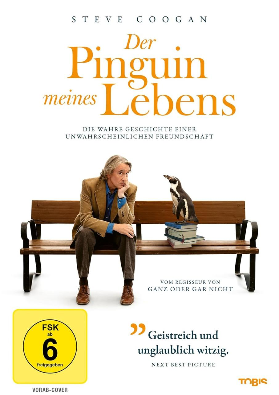 Filmposter. Mann sitzt auf einer Bank mit einem Pinguin. Titel: 'Der Pinguin meines Lebens'. Deutscher Text. Altersfreigabe 6.