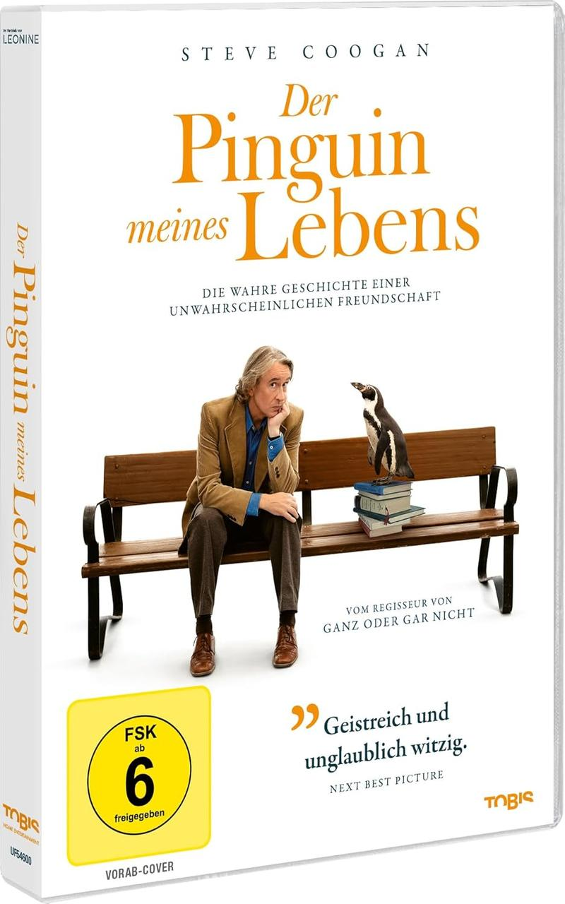 Cover von 'Der Pinguin meines Lebens'. Steve Coogan sitzt mit Pinguin auf Bank. Gelbe FSK-Kennzeichnung.