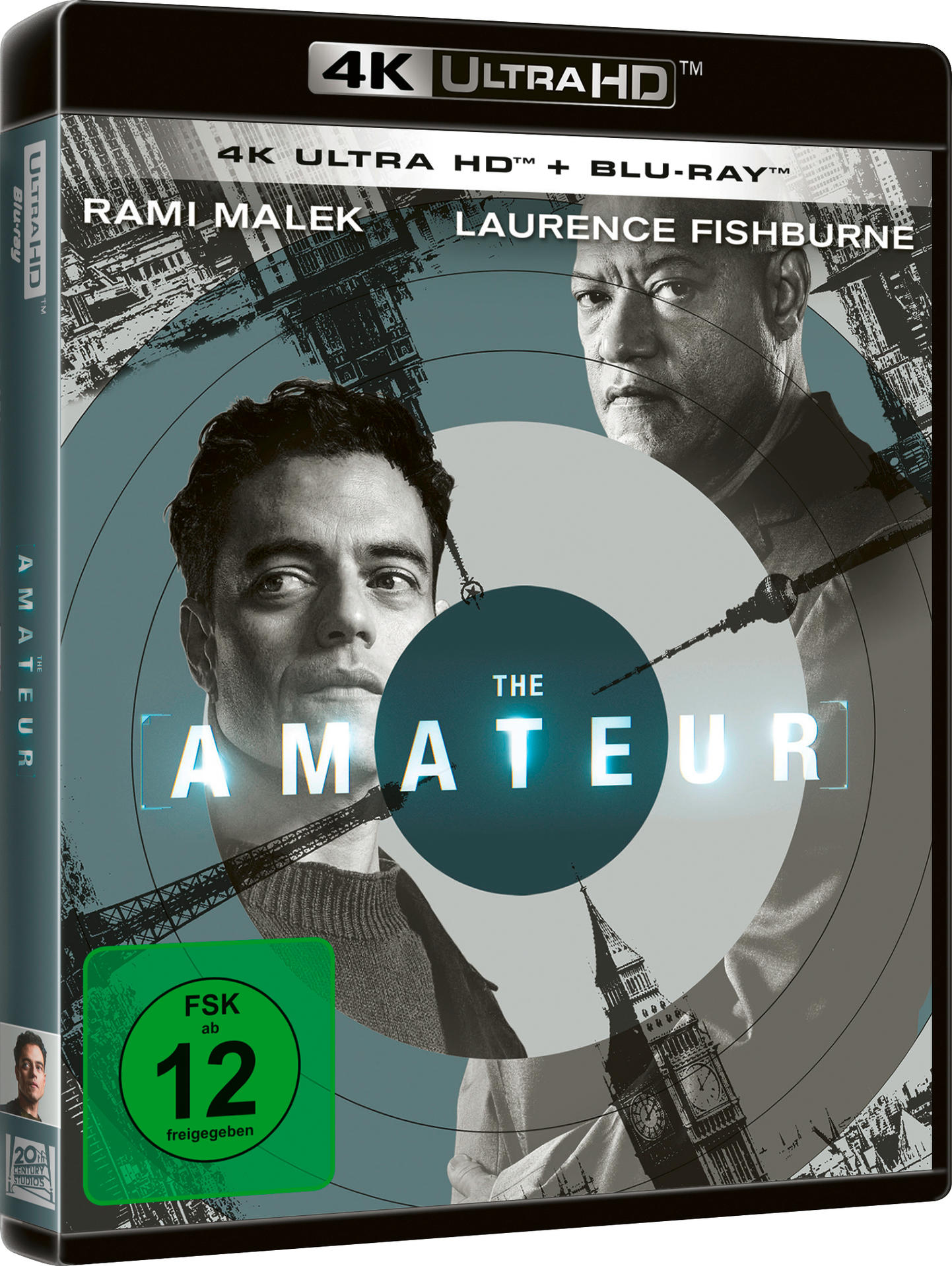 Blu-ray-Cover für 'The Amateur' mit Rami Malek und Laurence Fishburne. Mit Uhr-Design und Big Ben-Illustration.