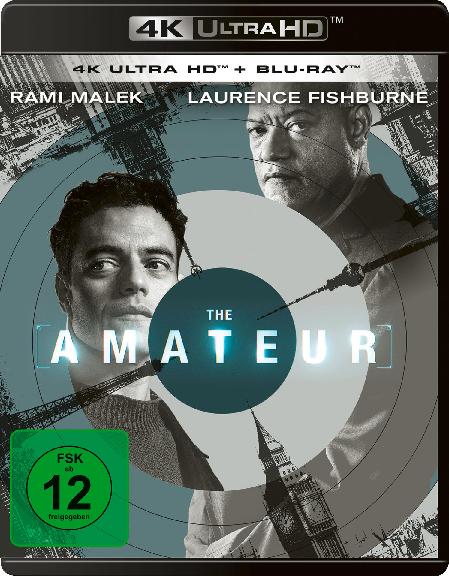 Filmcover mit Rami Malek und Laurence Fishburne. Titel: The Amateur. Enthält Bilder von London und einer Uhr.