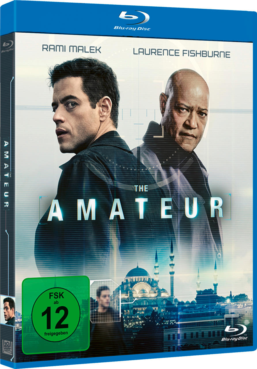 Blu-ray-Cover von 'The Amateur' mit Rami Malek und Laurence Fishburne. Enthält eine grüne FSK 12-Bewertung und eine Moschee im Hintergrund.