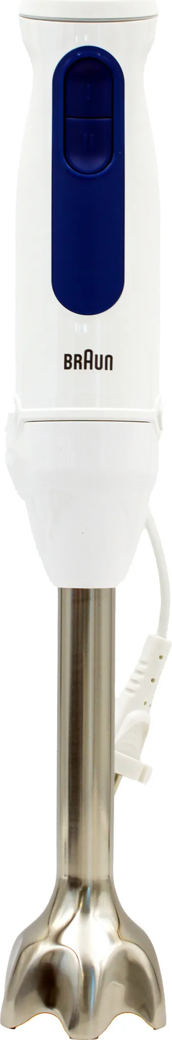 Biały blender Braun z niebieskim panelem sterowania i głowicą mieszającą ze stali nierdzewnej.