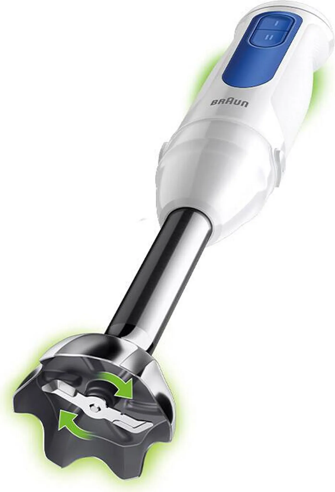 Biało-niebieski blender ręczny Braun ze srebrnym mieszadłem. Zielone strzałki wskazują obrót ostrza.
