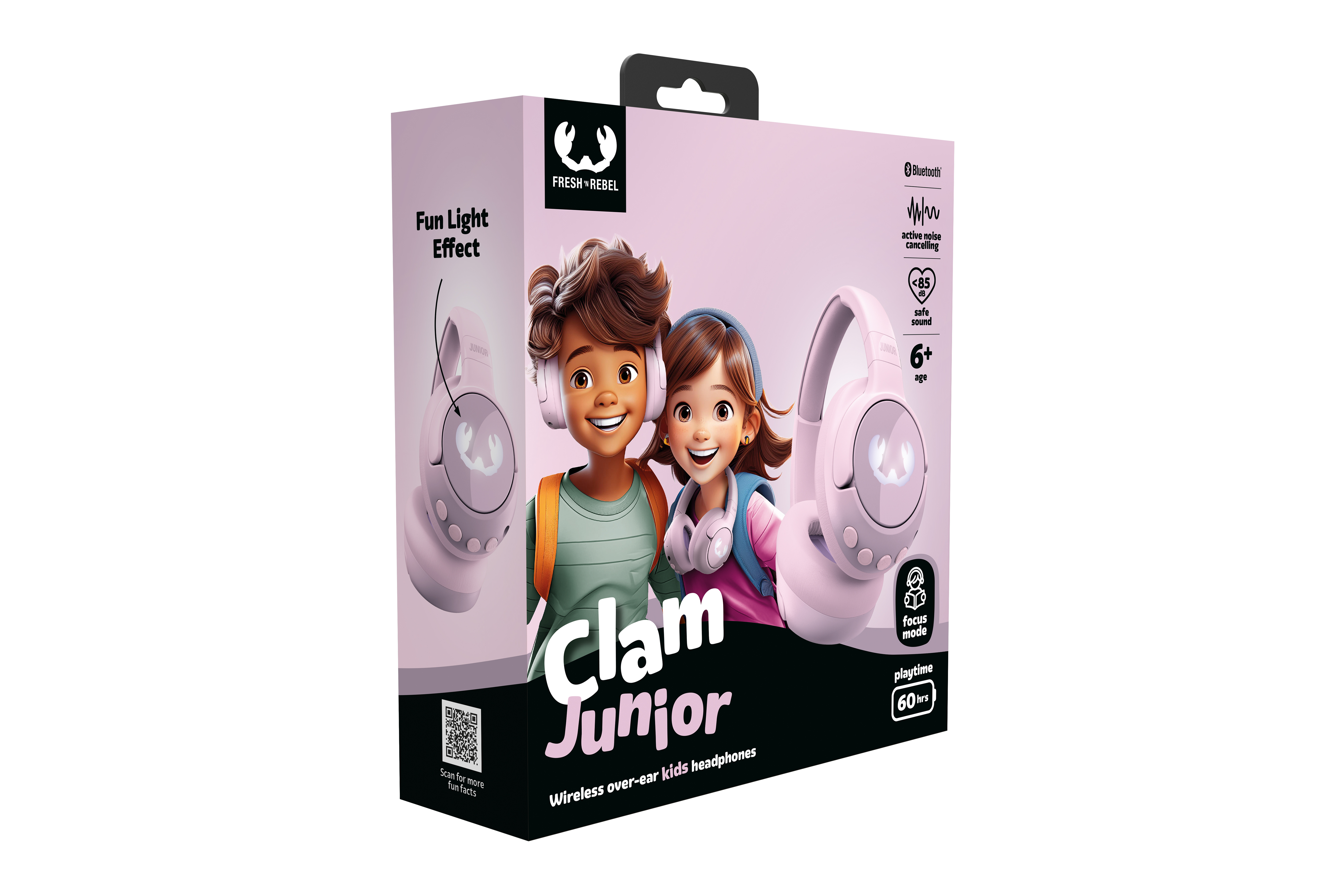 Çizgi film çocukları ve kulaklıklarla bir kutu. Metinde 'Clam Junior', 'Kablosuz kulak üstü çocuk kulaklıkları' ve diğer detaylar yazıyor.
