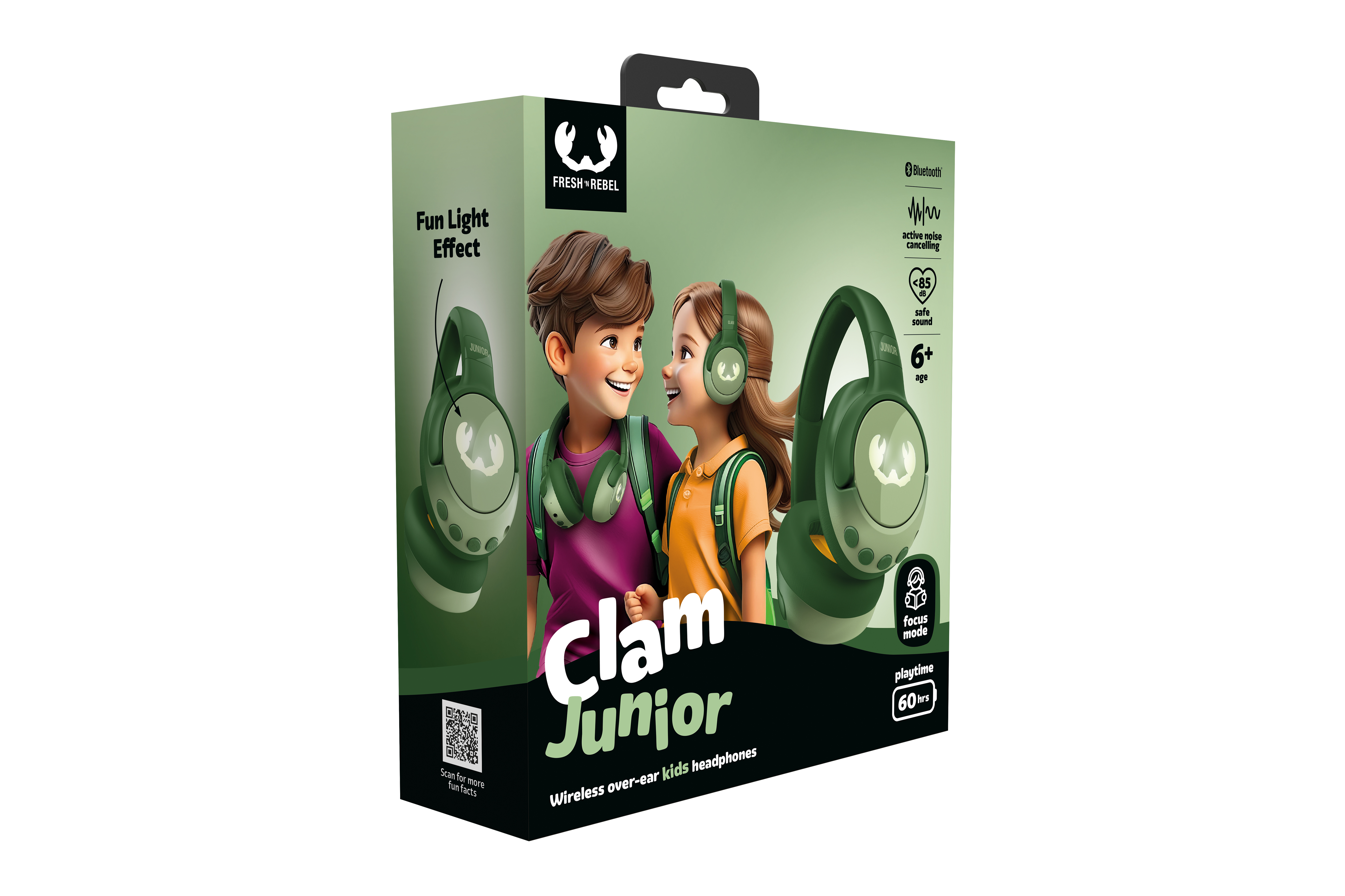 Kulaklıklı çocukların bulunduğu kutu, 'Clam Junior' adı. Ürün detayları ve 'Fresh n Rebel' logosu içerir.