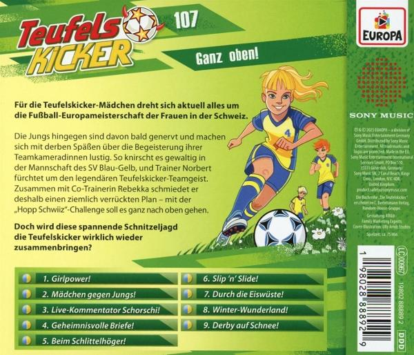 Cartoonbild eines Mädchens in Fußballuniform, das einen Ball tritt. Andere Kinder befinden sich im Hintergrund auf einem grünen Feld.
